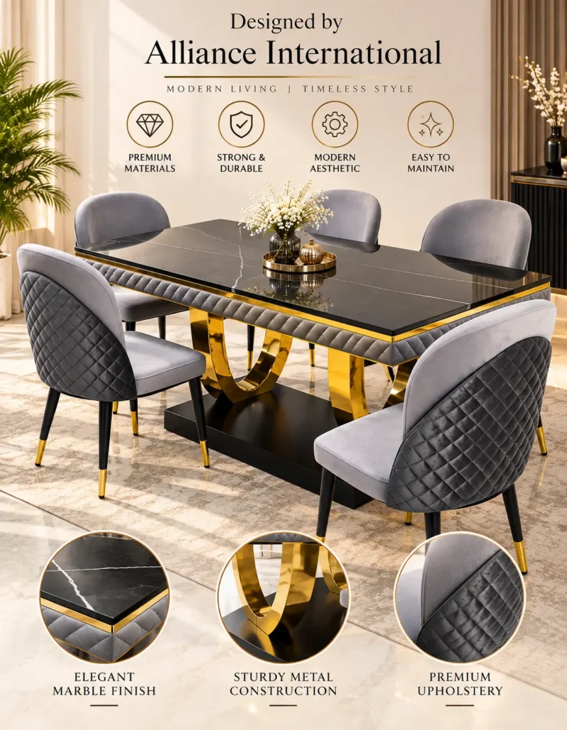 Arcora U shaped black marble dining table with six grey chairs