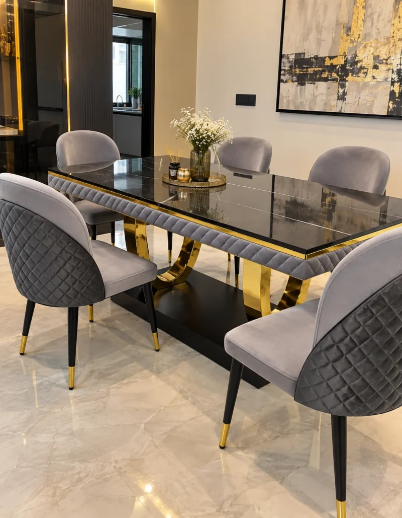 Black marble dining table with gold U shaped base and grey chairs