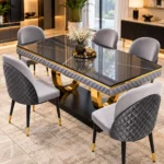 Luxury 6 seater black marble dining table with gold stainless steel base