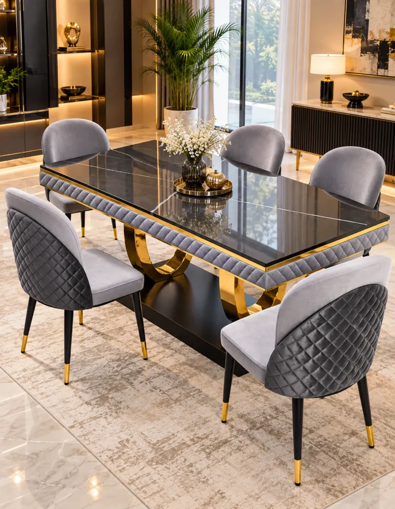 Luxury 6 seater black marble dining table with gold stainless steel base