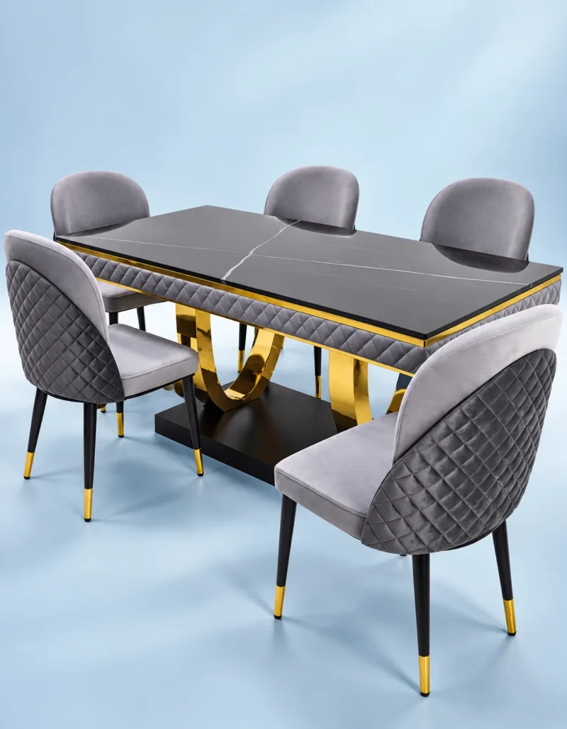 Modern black marble dining table set with grey upholstered chairs
