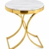 Arvella Curve marble side table with round white marble top and gold curved legs
