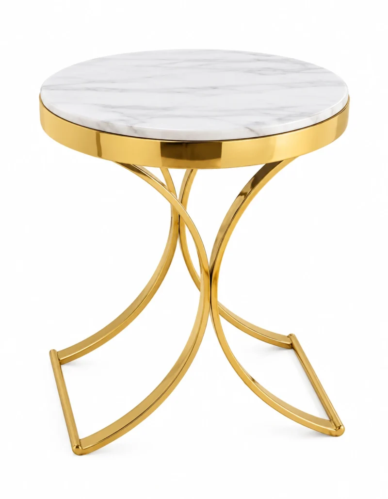 Arvella Curve marble side table with round white marble top and gold curved legs