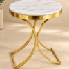 Round white marble side table with gold stainless steel curved base