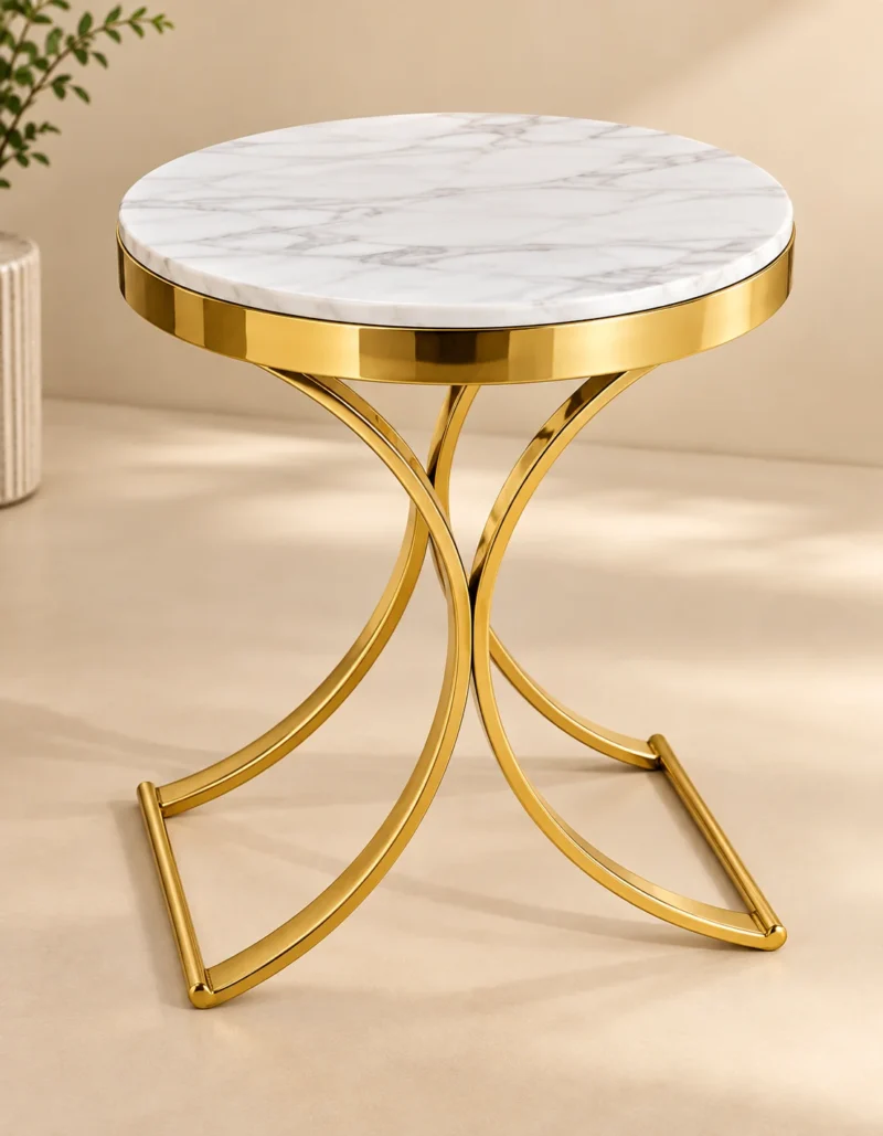 Round white marble side table with gold stainless steel curved base