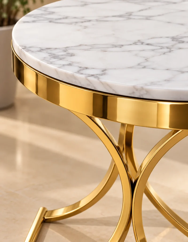 Close-up of white marble tabletop and gold stainless steel side table frame