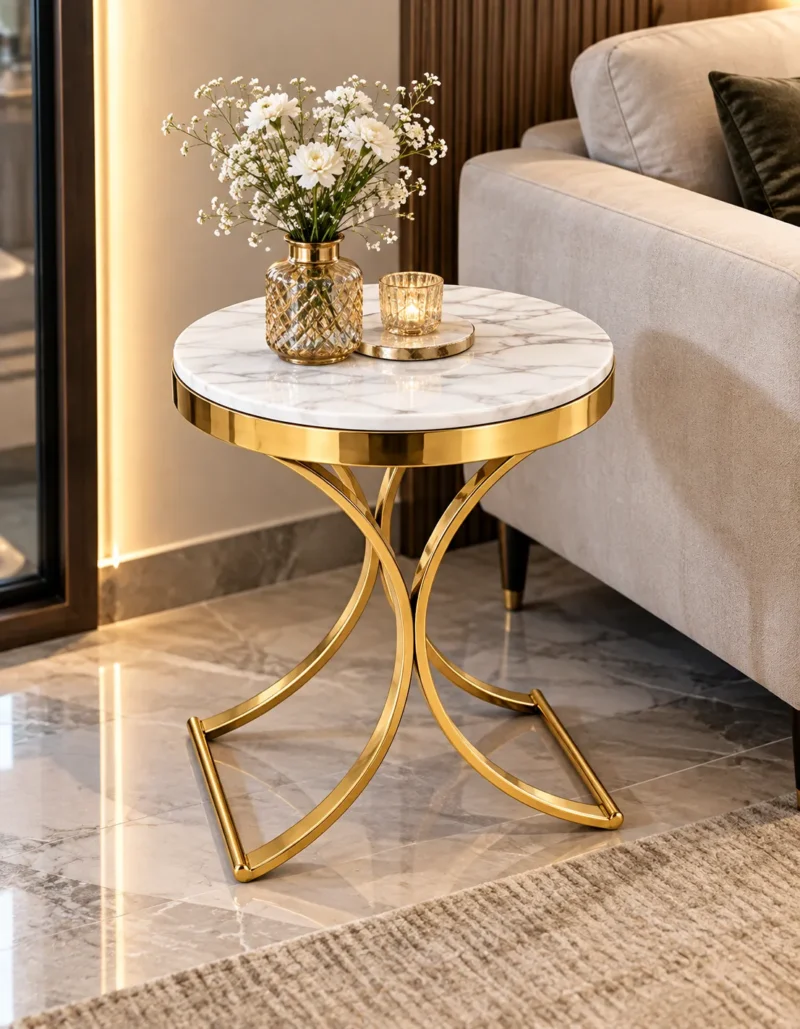 Luxury marble side table with gold curved legs beside a cream living room sofa