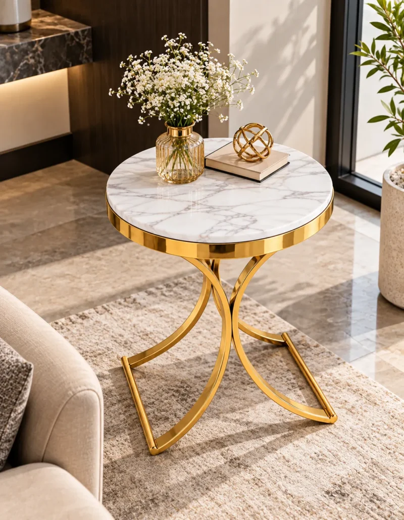 Designer round marble side table with gold metal base near a living room window