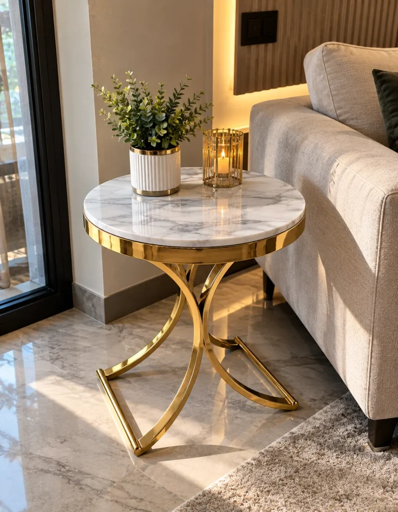 Modern gold stainless steel side table with white marble top beside sofa