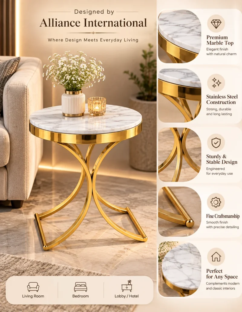 Arvella Curve marble side table features with gold stainless steel construction