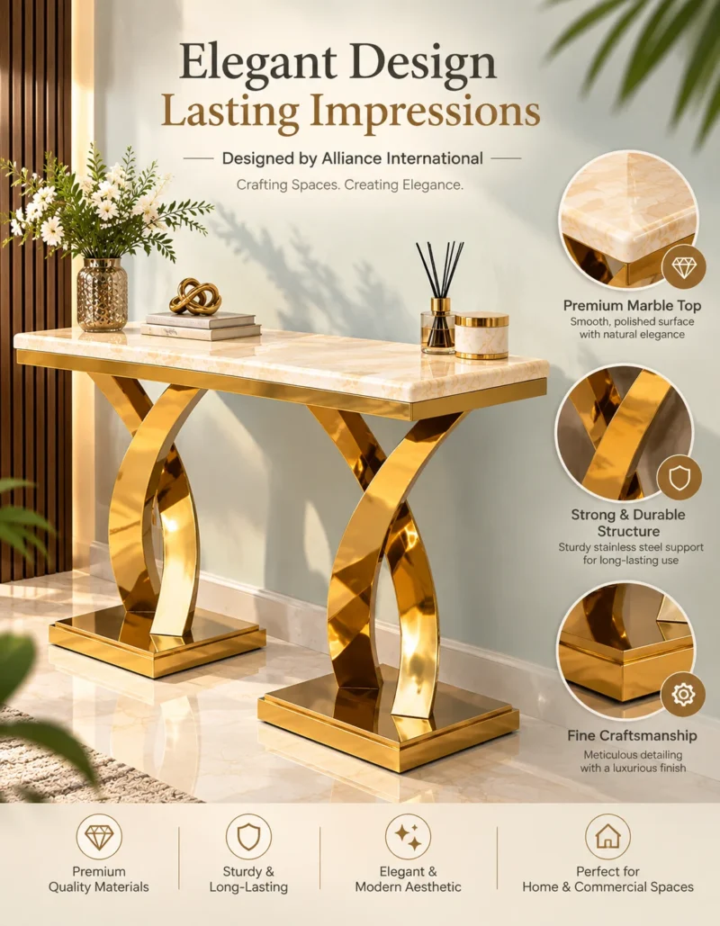 Arvexa Luxe double X base marble console table with gold stainless steel design features