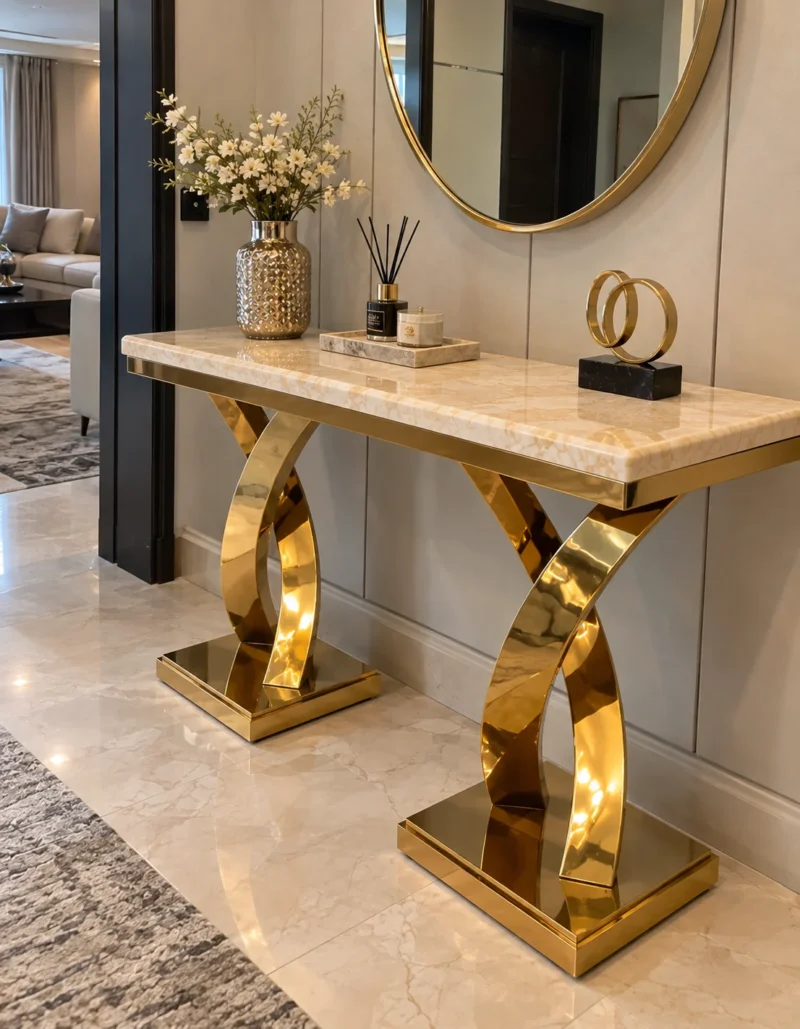 Gold marble console table with twin curved X pedestals beneath round wall mirror