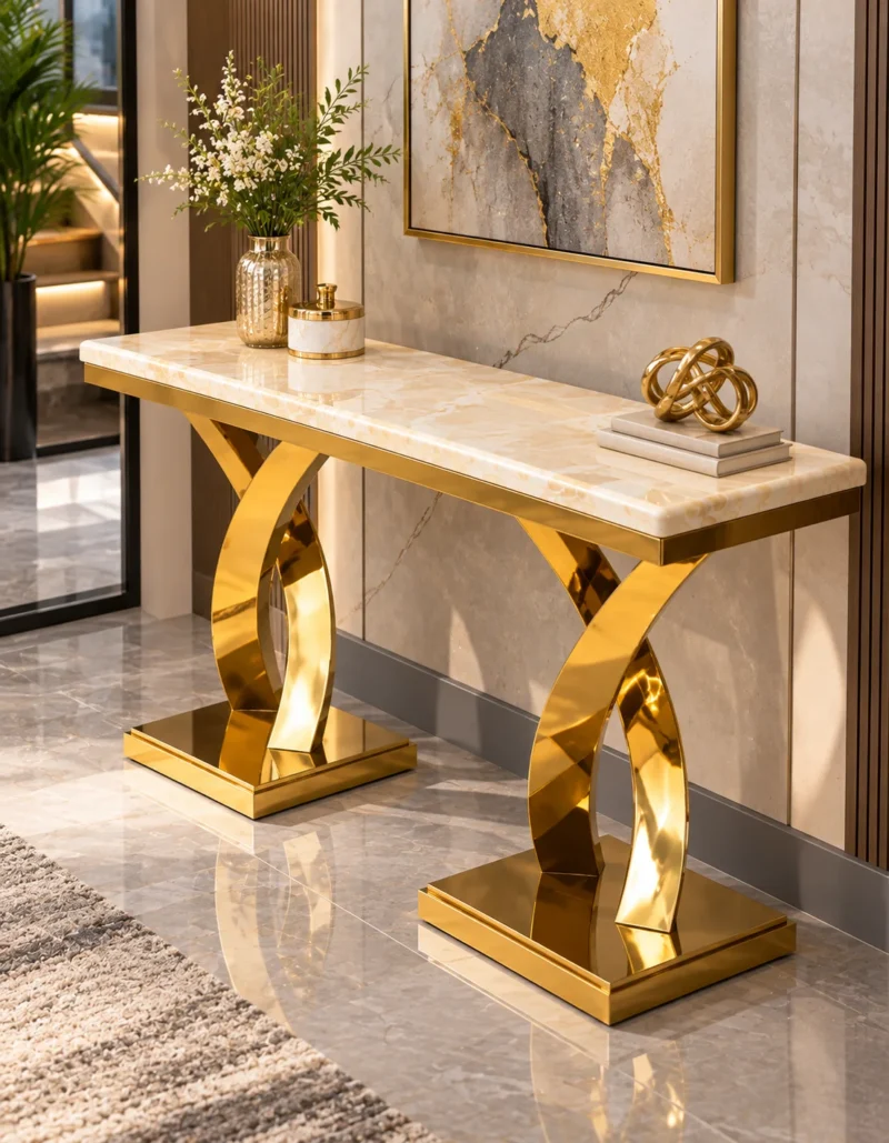 Double X base marble console table with polished gold supports in luxury foyer