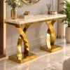 Modern gold stainless steel console table with double curved base and marble top