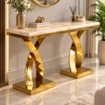 Modern gold stainless steel console table with double curved base and marble top