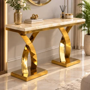 Modern gold stainless steel console table with double curved base and marble top