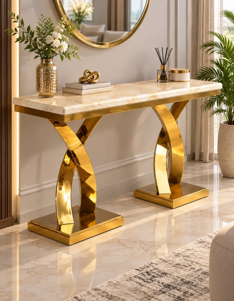 Modern gold stainless steel console table with double curved base and marble top
