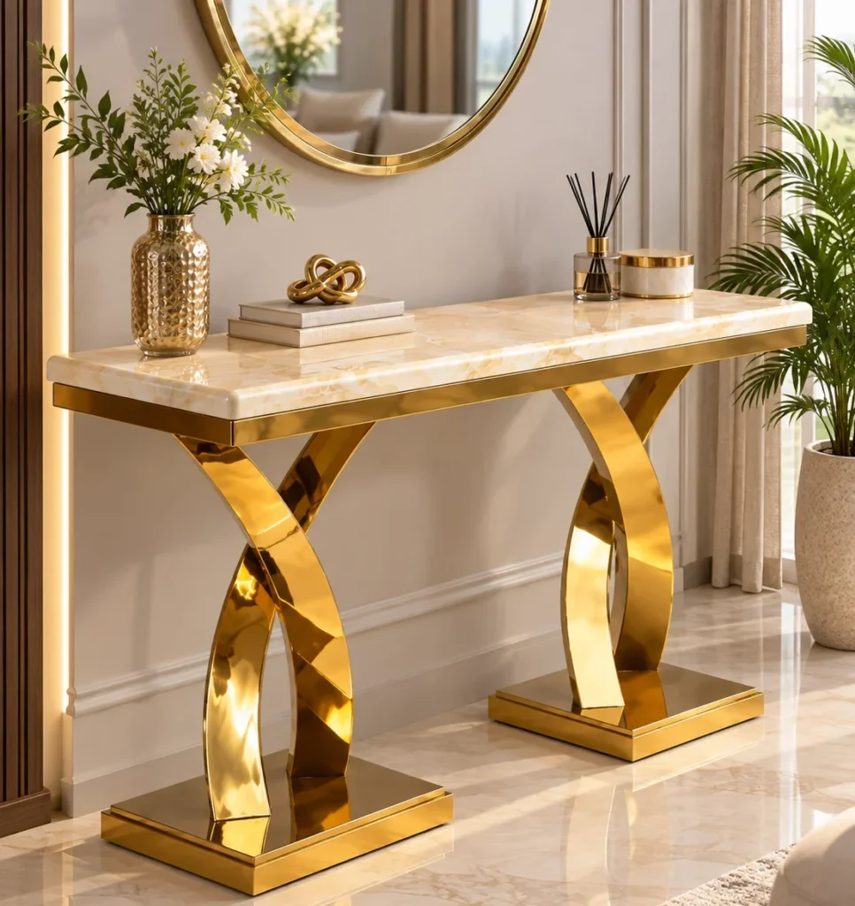 Modern gold stainless steel console table with double curved base and marble top