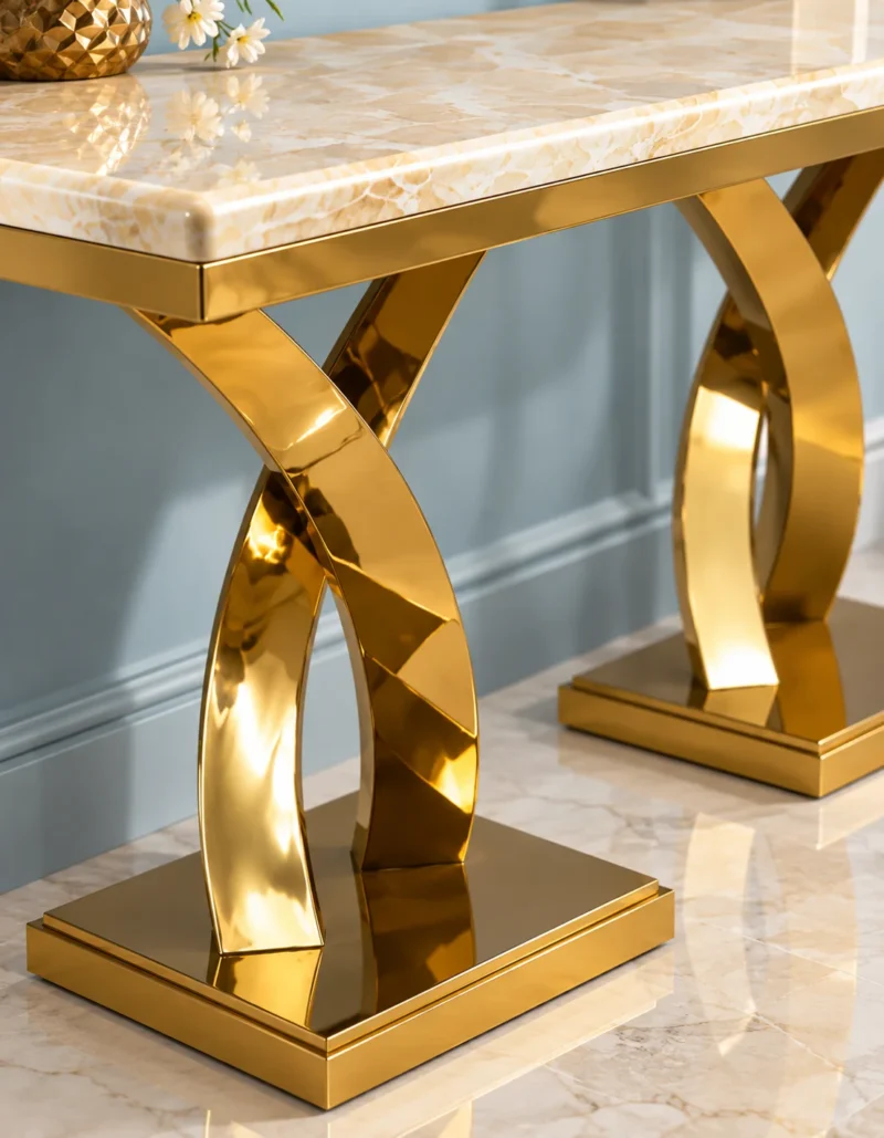 Close-up of cream marble tabletop and polished gold stainless steel curved X base