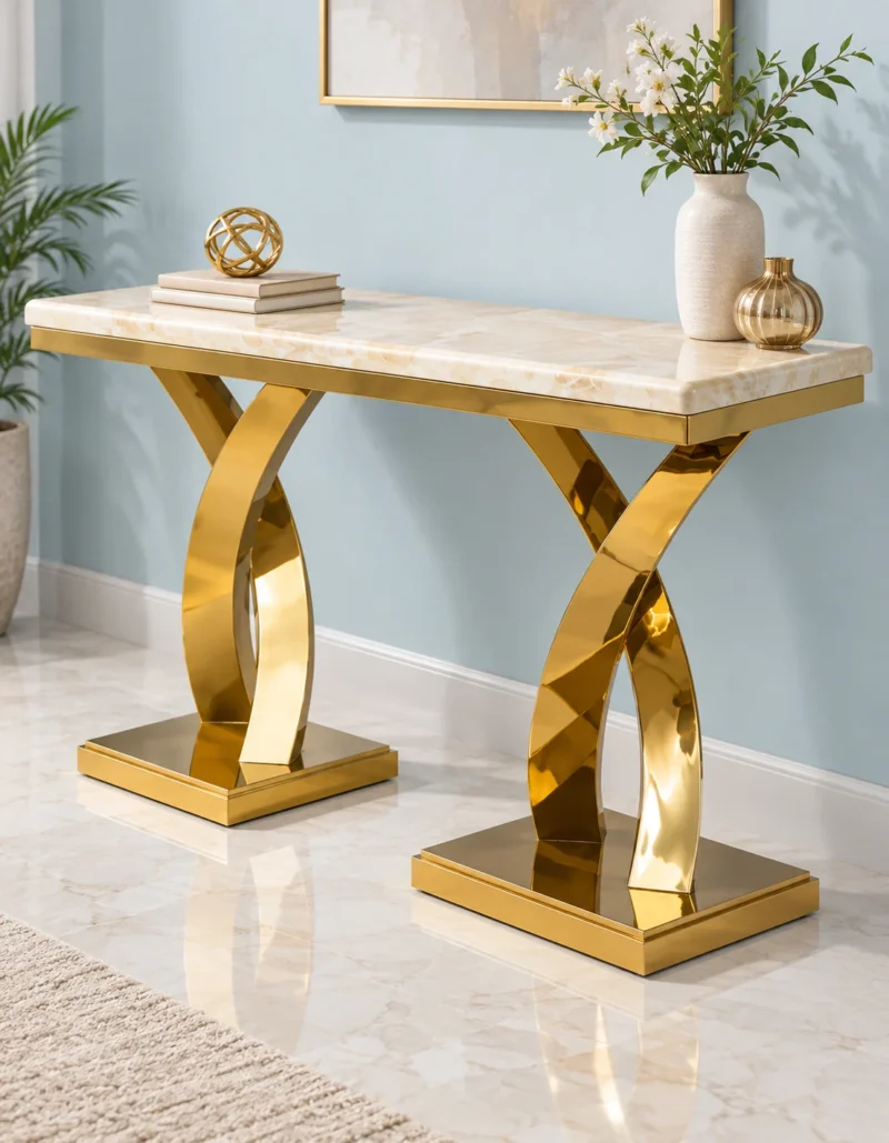 Luxury marble console table with two gold X-shaped bases against blue wall