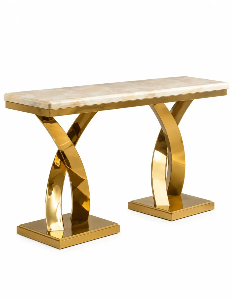 Arvexa Luxe double X base marble console table with twin gold stainless steel pedestals