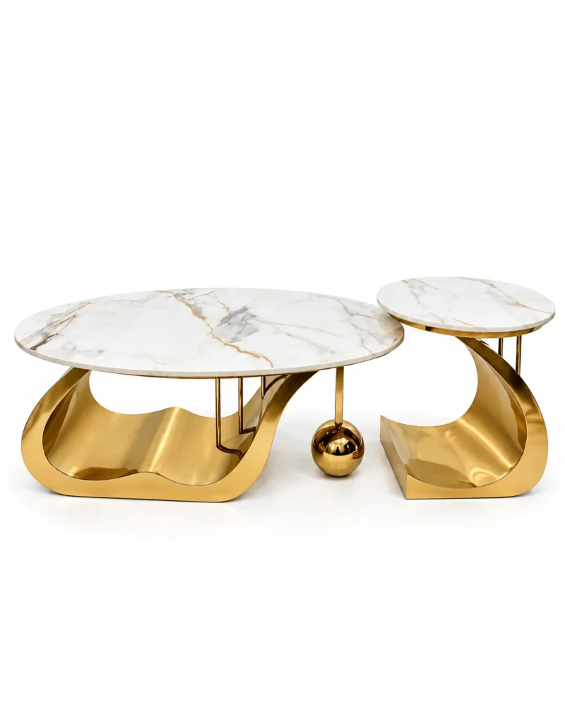 Aurelia marble centre table set of 2 with large oval and small round white marble tops on sculptural gold stainless steel bases.