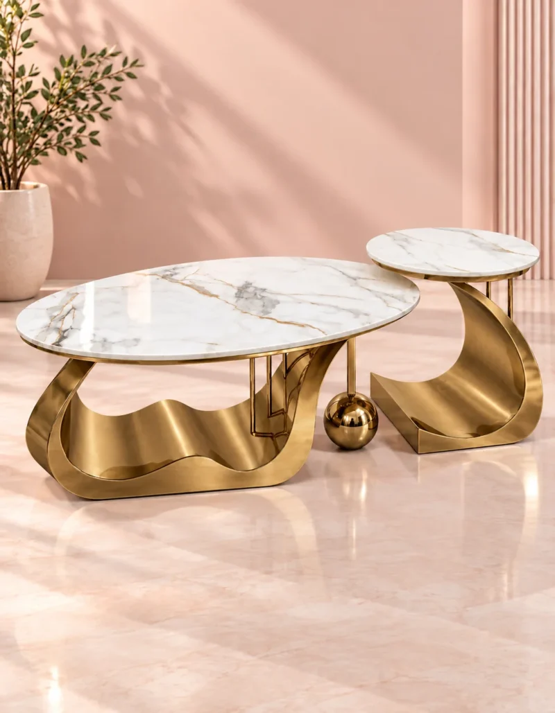 Designer Brass marble coffee table set with an oval centre table and round side table against a soft peach studio background.
