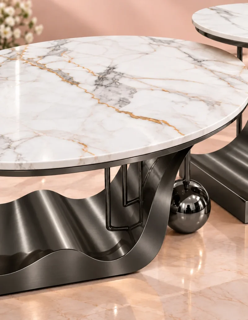 Close-up of oval white marble centre table top with grey and black veining, curved stainless steel base and decorative sphere.