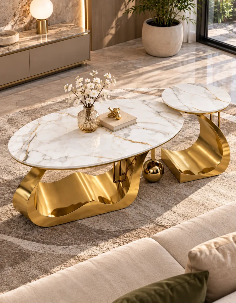 Elevated view of oval marble coffee table and matching round table with white veined tops and flowing gold metal bases.