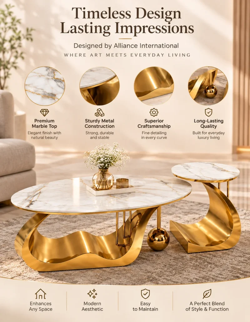 Aurelia gold marble centre table set feature graphic showing premium marble tops, sculptural stainless steel bases and gold sphere detail.
