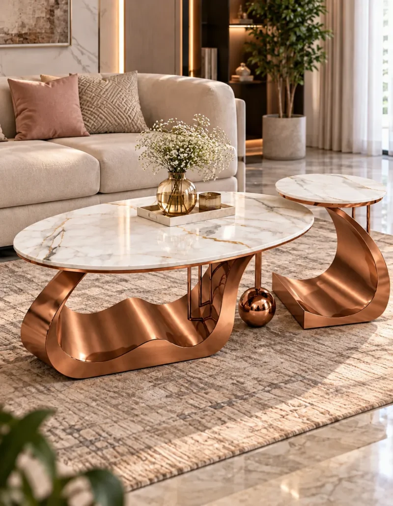 Luxury marble centre table set of 2 with copper curved bases styled on a rug in front of a beige living room sofa.