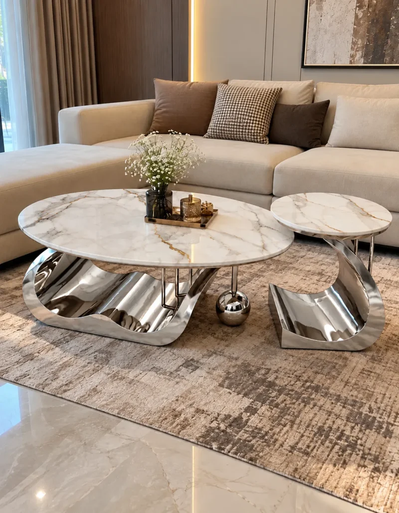 Designer oval marble centre table and matching round Chrome side table arranged beside a cream sectional sofa in a modern home.