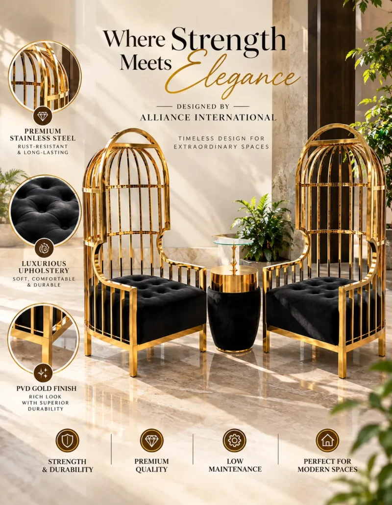 Aurelio Luxe gold stainless steel accent chairs with tall birdcage backrests, black tufted fabric seats and coordinating side table.