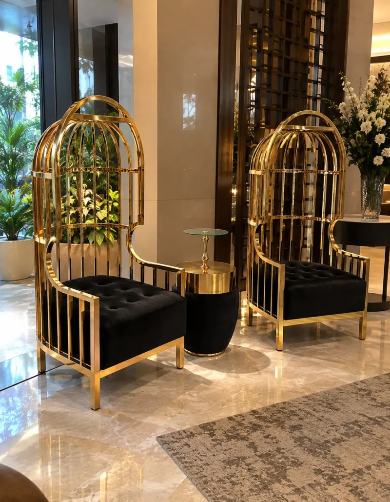 Two luxury gold birdcage accent chairs with black tufted seats and matching side table in an elegant marble-floored foyer