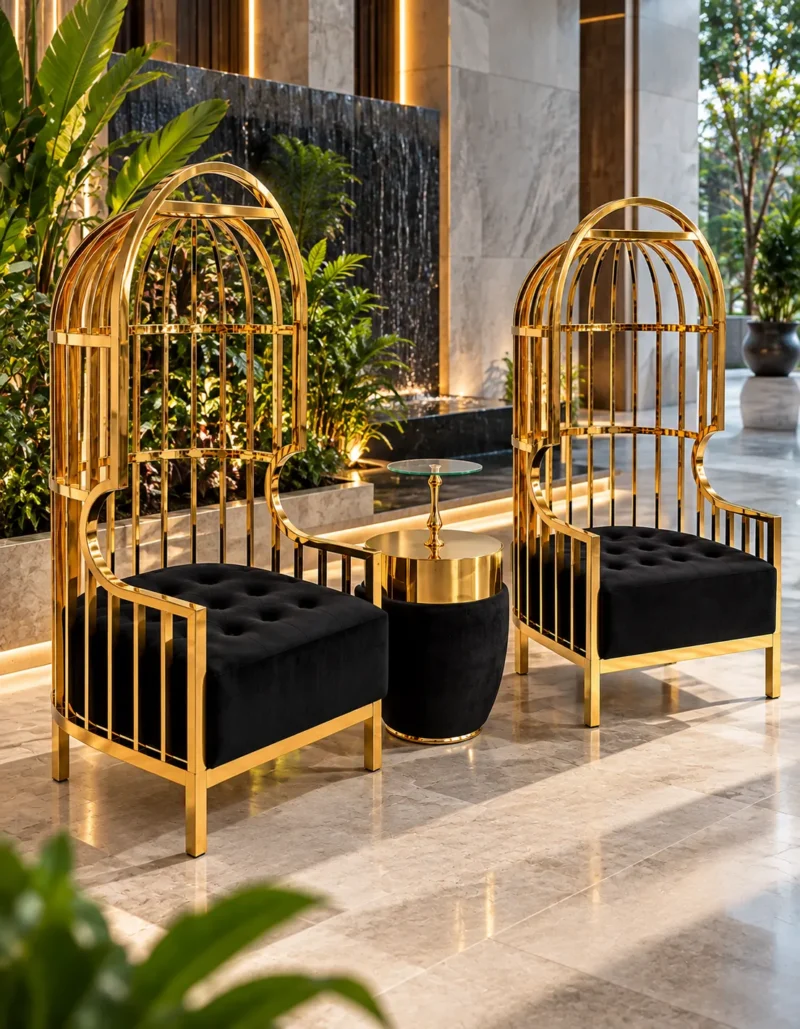 Pair of gold stainless steel lounge chairs with arched birdcage frames and black cushioned seats in a luxury atrium.