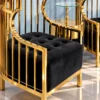 Close-up of black button-tufted fabric seat and curved gold stainless steel armrest on a luxury birdcage accent chair.