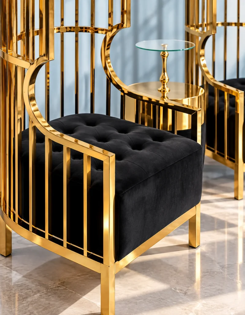 Close-up of black button-tufted fabric seat and curved gold stainless steel armrest on a luxury birdcage accent chair.
