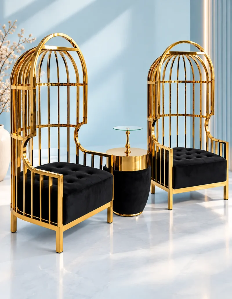 Pair of modern gold stainless steel accent chairs with domed birdcage backs, black tufted cushions and matching table against a light blue wall.