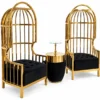 Two Aurelio Luxe gold stainless steel birdcage accent chairs with black tufted fabric seats and coordinating table on white background.