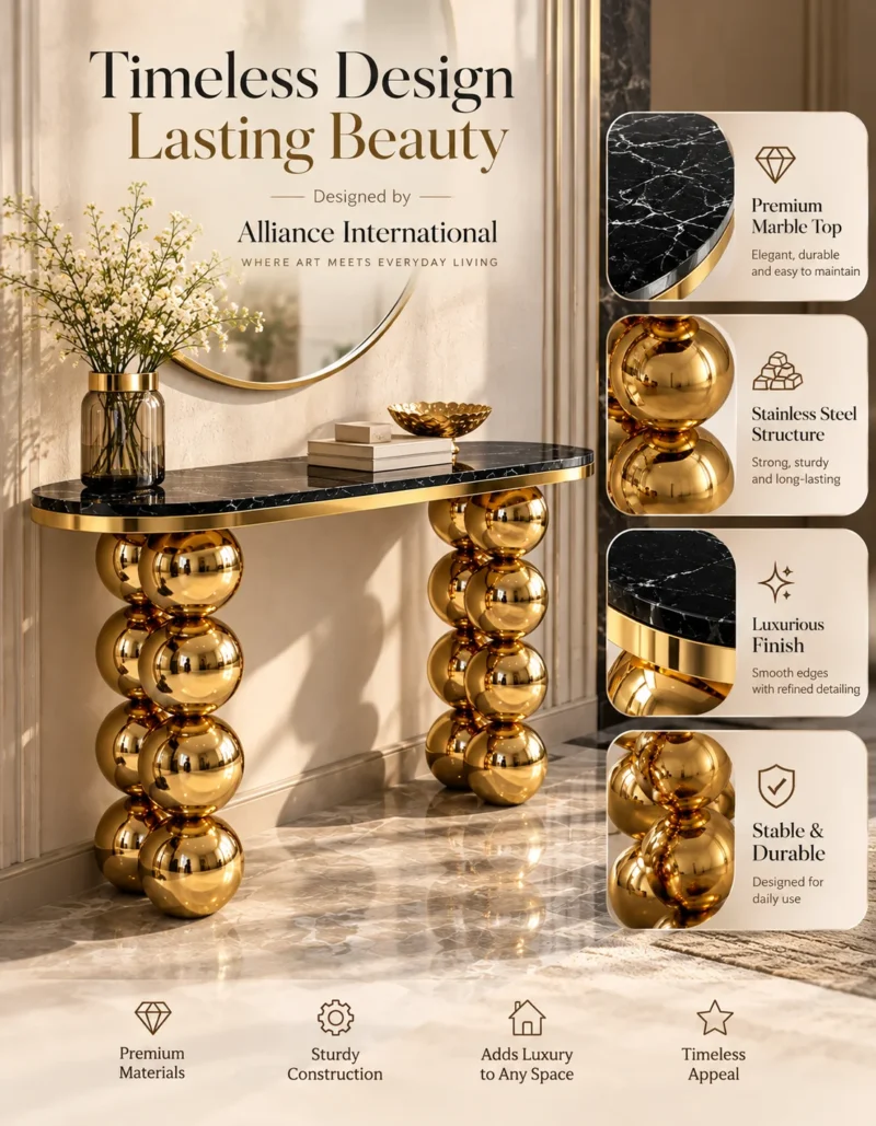Gold sphere console table with black marble top and stainless steel construction, shown in an Alliance International product features graphic.