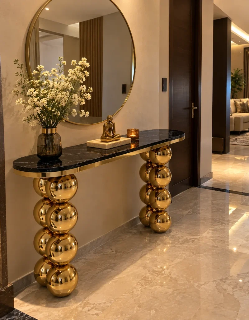 Black marble console table with stacked gold sphere legs placed beneath a round mirror in a luxury home entryway.