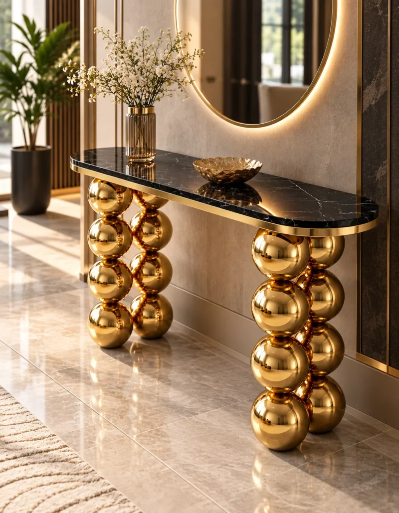 Angled view of a luxury gold sphere console table with polished black marble top and sculptural stainless steel supports.