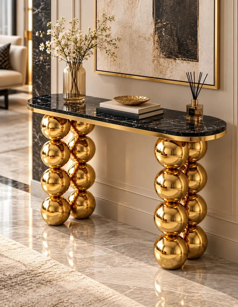 Designer black marble console table with gold stainless steel ball legs, styled with flowers, books and decorative accessories.