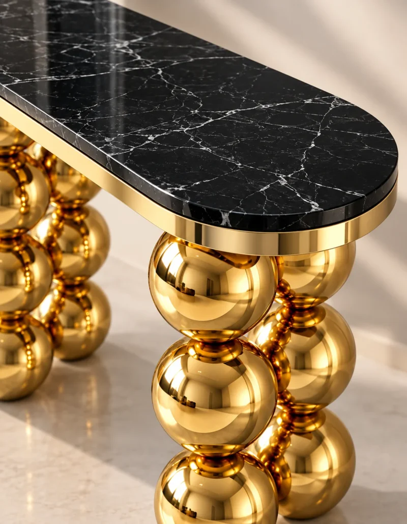 Close-up of polished black marble console tabletop with white veining, gold stainless steel edging and reflective spherical legs.