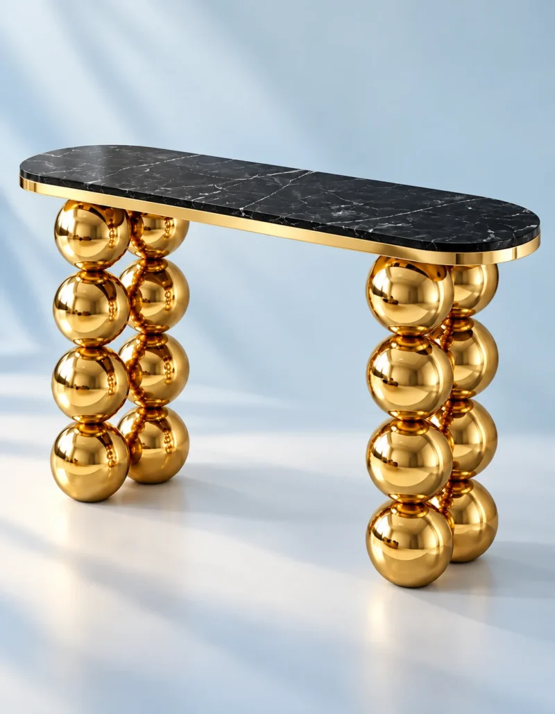 Gold stainless steel console table with black marble rounded rectangular top and stacked spherical legs against a pale blue background