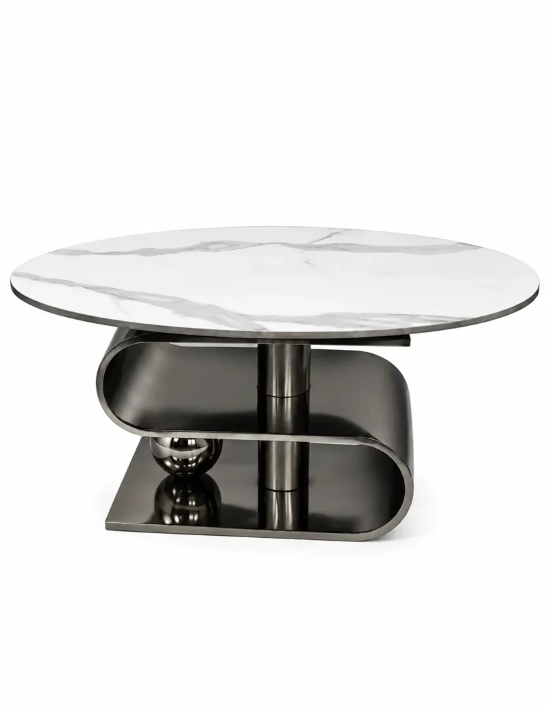 Aureon black marble centre table with round white marble top, sculptural S-curve stainless steel base and decorative black sphere.