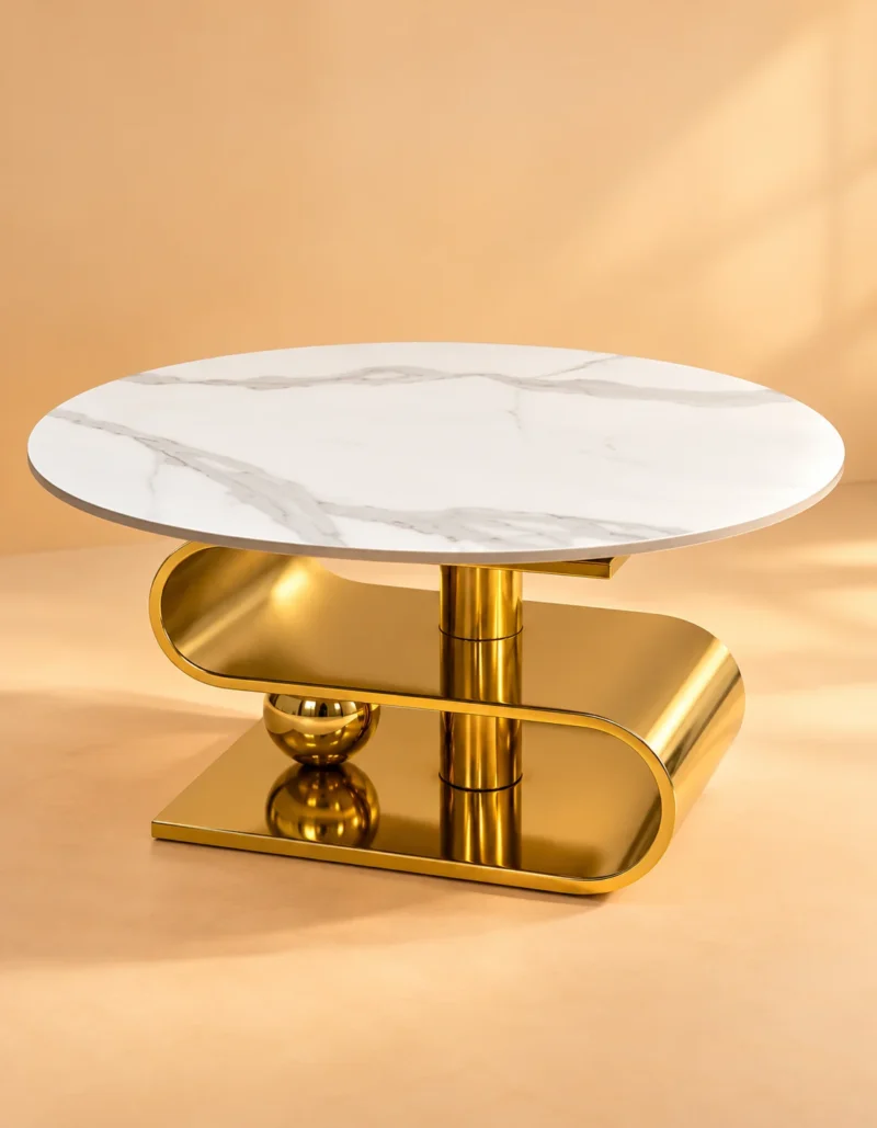 Luxury round marble centre table with polished gold stainless steel S-curve base against a warm creamy background.