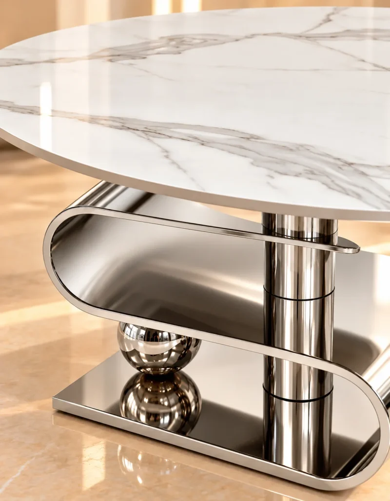 Close-up of white marble centre table top with grey veining, S-curve base and stainless steel cylindrical support.