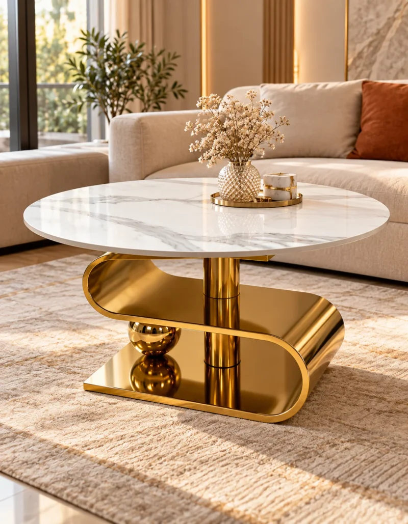 Gold marble centre table with S-curve stainless steel base placed in a luxury living room beside a cream sofa.