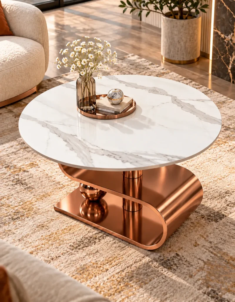 Top-angle view of round white marble coffee table with natural grey veining and decorative S-curve base.